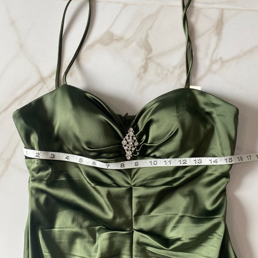 Xscape Petite 14P Satin Olive Green Mermaid Cocktail Dress Jeweled Spaghetti - Picture 6 of 10